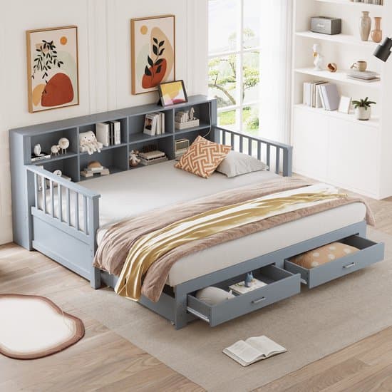 Wishdor - Uitschuifbare Slaapbank - Met Opbergruimte En Stopcontact - Multifunctioneel - Hout - Grijs - 90/180 X 190 Cm