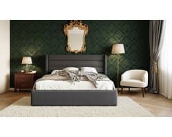 Gestoffeerd tweepersoonsbed met hydraulische opbergruimte 180x200 cm – Casa Velluto Modern Opbergbed, lattenbodem van hout en metalen frame, luxe linnen, grijs – king size platformbed met hoofdeinde