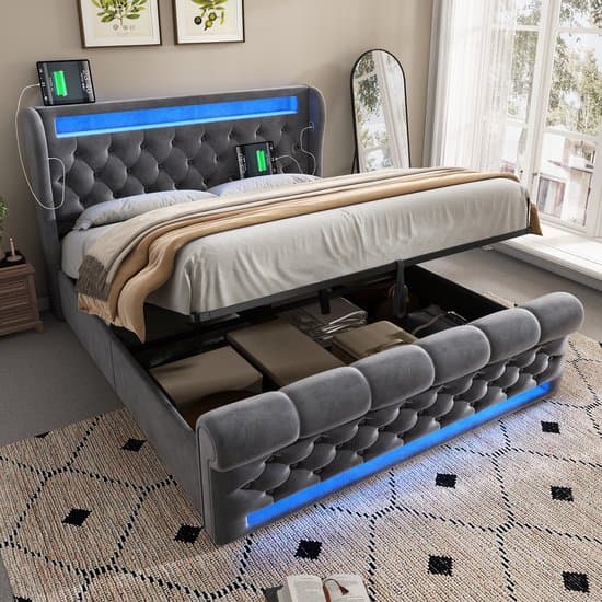 MODFU - Ledikant 140x200 cm – Grijs velvet met LED & hydraulisch – Incl. matras