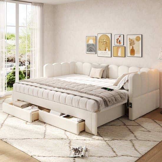 Sweiko Gestoffeerd bed - 90/180x200 cm - 2 lades - Slaapbank - Uitschuifbaar - Met USB-poorten - Linnen stof - Beige