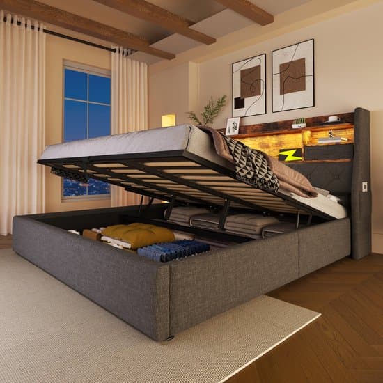 REDOM Opbergbed 140x200 cm – Linnen – Hydraulisch – LED & USB/Type-C – Grijs – 181 kg