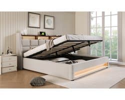 REDOM - Opbergbed met LED – 140x200 cm – Vintage Design – Met USB – Linnen/Katoen – Beige – Hydraulisch Liftsysteem
