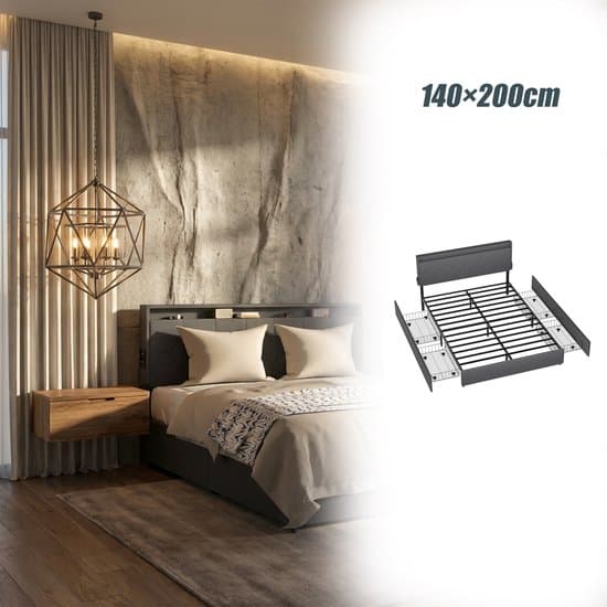 Aufun Gestoffeerd Bedframe Met Lades - 140×200 cm Donkergrijs - Linnen Stof - Voorzien Van Lades Voor Handige Opbergruimte En Hoge Functionaliteit.