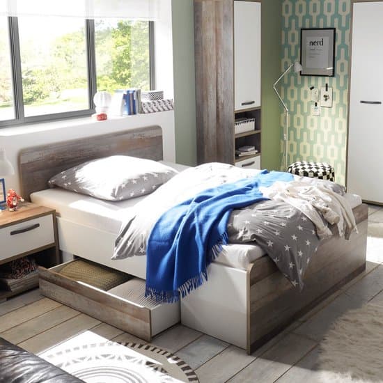 Bed Petrus 140x200 met 2 lades - wit/drijfhout - Emob - Tweepersoons bedkader - Wit; Bruin - Spaanplaat Tweepersoons Normaal bed