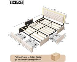 Bed – Bedframe – Ledikant – Slaapbank – Opbergbed – Grijs 160x200 cm – Met 4 Opberglades – Stevig Metalen Frame