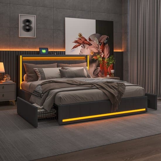Polsterbed 140x200 cm | Met LED Verlichting, USB & Type-C | Tweepersoonsbed met 4 Laden & Lattenbodem | Grijs Linnen