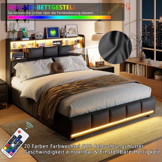 Opbergbed 160x200 cm met geïntegreerde LED en USB, gestoffeerd tweepersoonsbed met lattenbodem en hoofdeinde, voor volwassenen en tieners - zonder matras(Zwart PU)