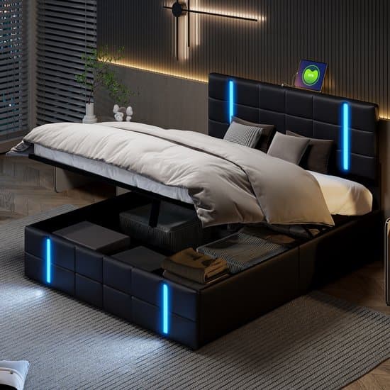 Tweepersoonsbed 160x200 cm in Zwart PU met LED, USB, Lattenbodem en Opbergruimte, Jeugd- & Slaapkamerbed