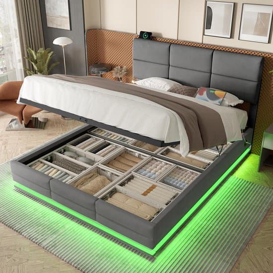 BLACKCOLORS 140x200 cm Modern gestoffeerd bed van fluweel met in hoogte verstelbaar hoofdeinde - Met USB/Type-C-poorten, LED-sfeerverlichting, hydraulisch hefsysteem en XXL-opbergruimte (zonder matras) - Grijs