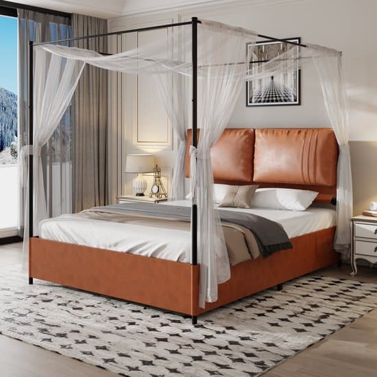 Re-purelife® Bruin Lederen Hemelbed 140x200 cm - Metalen Bedframe met Verwijderbare Hemelzuilen - Inclusief 2 Leren Kussens - Zonder Bodemrooster & Matras - 206x141x184 cm
