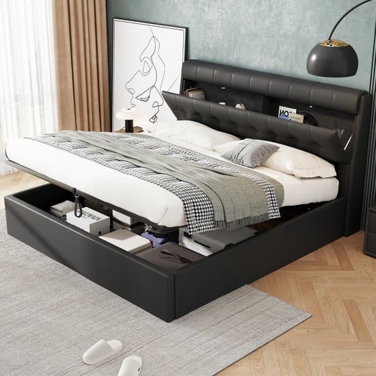 MIVRAY Gestoffeerd Bed 180x200cm - Hydraulisch Bed Met Verborgen Opbergruimte - Met Lattenbodem - PU - Zwart - Zonder Matras