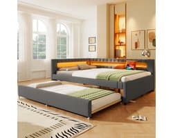 REDOM Dagbed - Met Uitschuifbed - Met Led-Lichtstrip - Met Usb En Type-C - Linnen En Mdf - Grijs - 140 x 200 cm