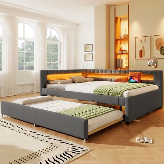 REDOM Dagbed - Met Uitschuifbed - Met Led-Lichtstrip - Met Usb En Type-C - Linnen En Mdf - Grijs - 140 x 200 cm