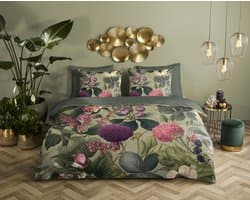 Descanso dekbedovertrek bloemen & bladeren - Lits jumeaux 240x200/220 cm - Groen - 100% Katoen satijn