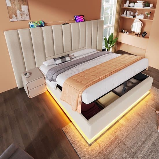 REDOM luxe bed 180x200 cm – Linnen beige – 360° RGB-LED, 3 USB + 1 Type-C (20W) – Hydraulisch