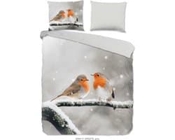 Good Morning dekbedovertrek roodborst vogels in de sneeuw - 2 persoons 200x200/220 cm - Grijs - 100% Katoen flanel
