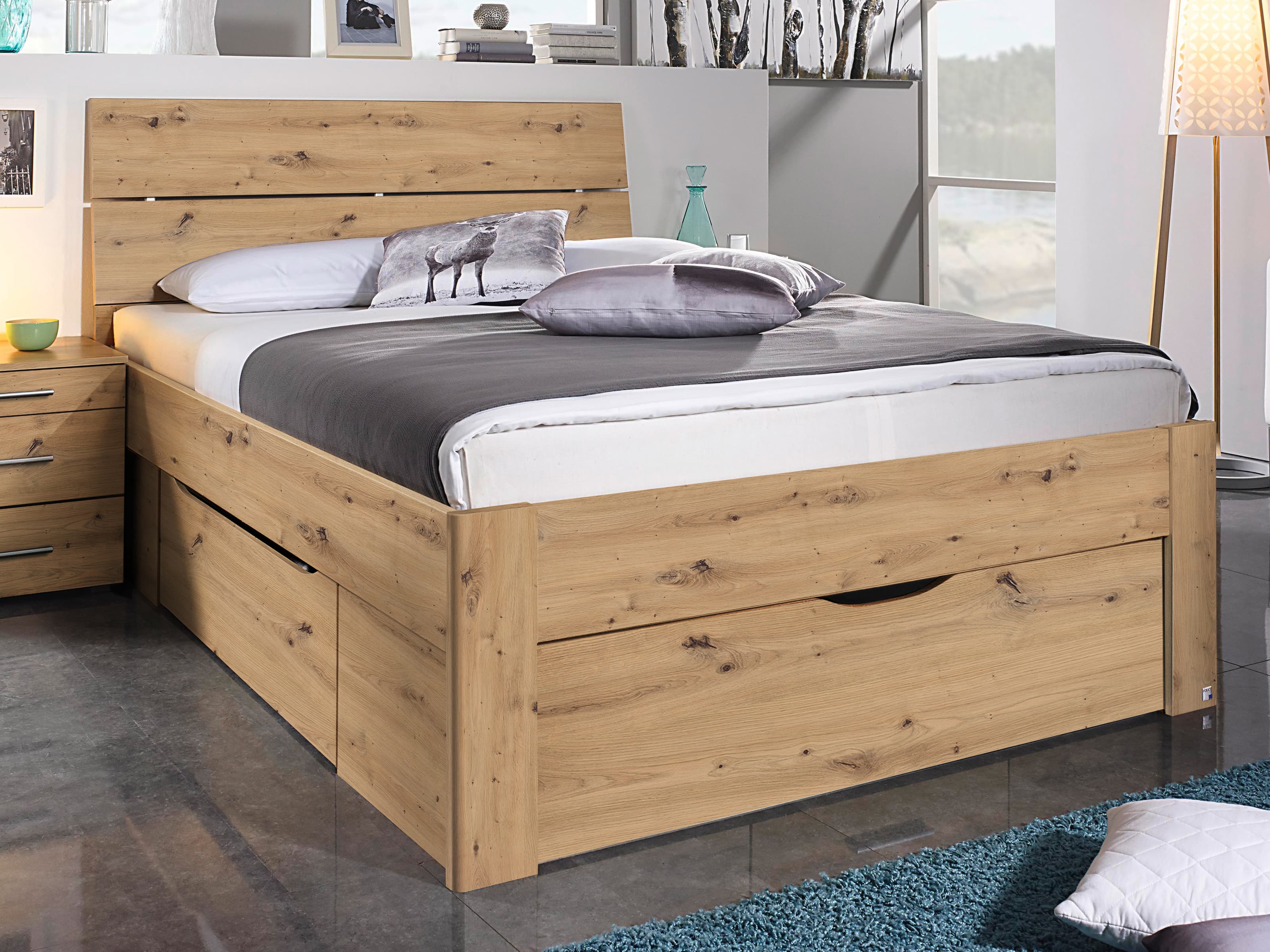 Bed SCARLETT 140x200 cm artisan eik met drie lades met hoofdeinde