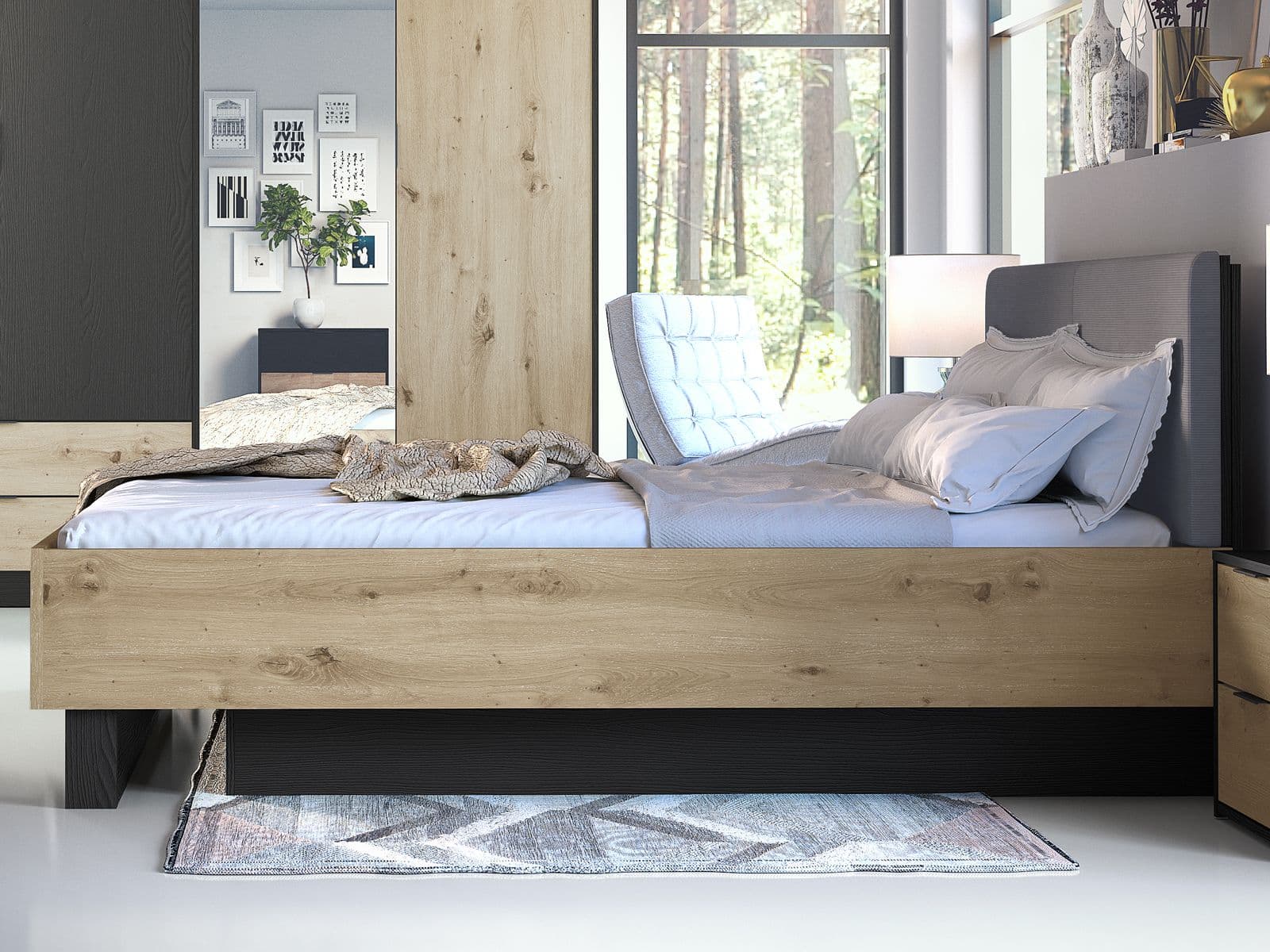 Bed met opbergruimte UMPAL 160x200 cm grafiet/artisan eik