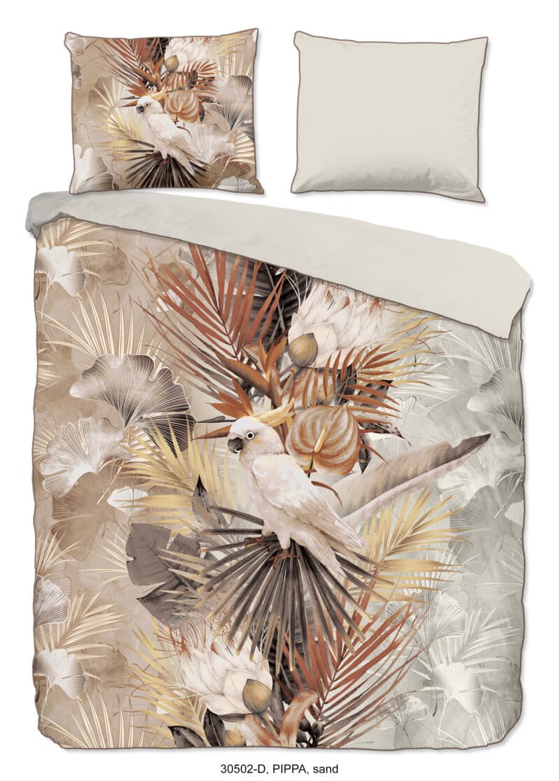 Descanso Dekbedovertrek "bladeren en een papegaai" - Zand - (200x200/220 cm) - Biologisch Katoen satijn