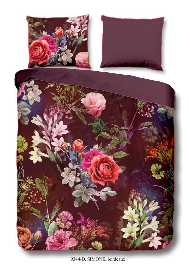 Descanso Dekbedovertrek "bloemen" - Bordeaux - (240x200/220 cm) - Biologisch Katoen satijn