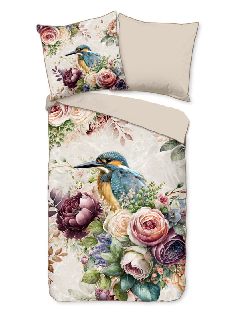 Descanso Dekbedovertrek "bloemen en vogels" - Zand - (200x200 cm) - Katoen Satijn