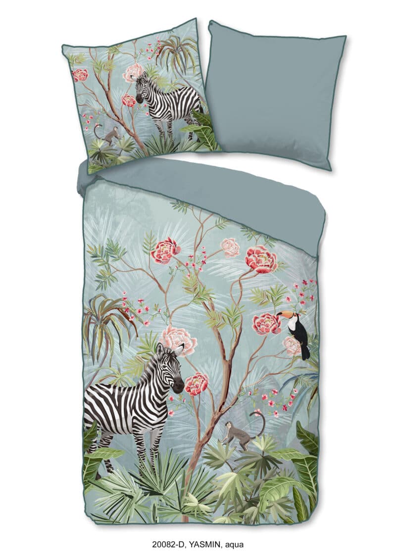 Descanso Dekbedovertrek "jungle print" - Aqua - (200x200 cm) - Biologisch Katoen satijn
