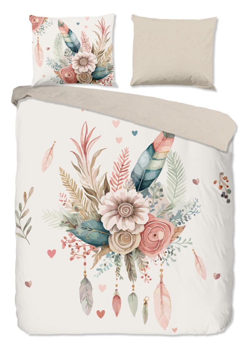 Good Morning Dekbedovertrek "bloemen en veren" - Ecru - (240x200/220 cm) - Katoen