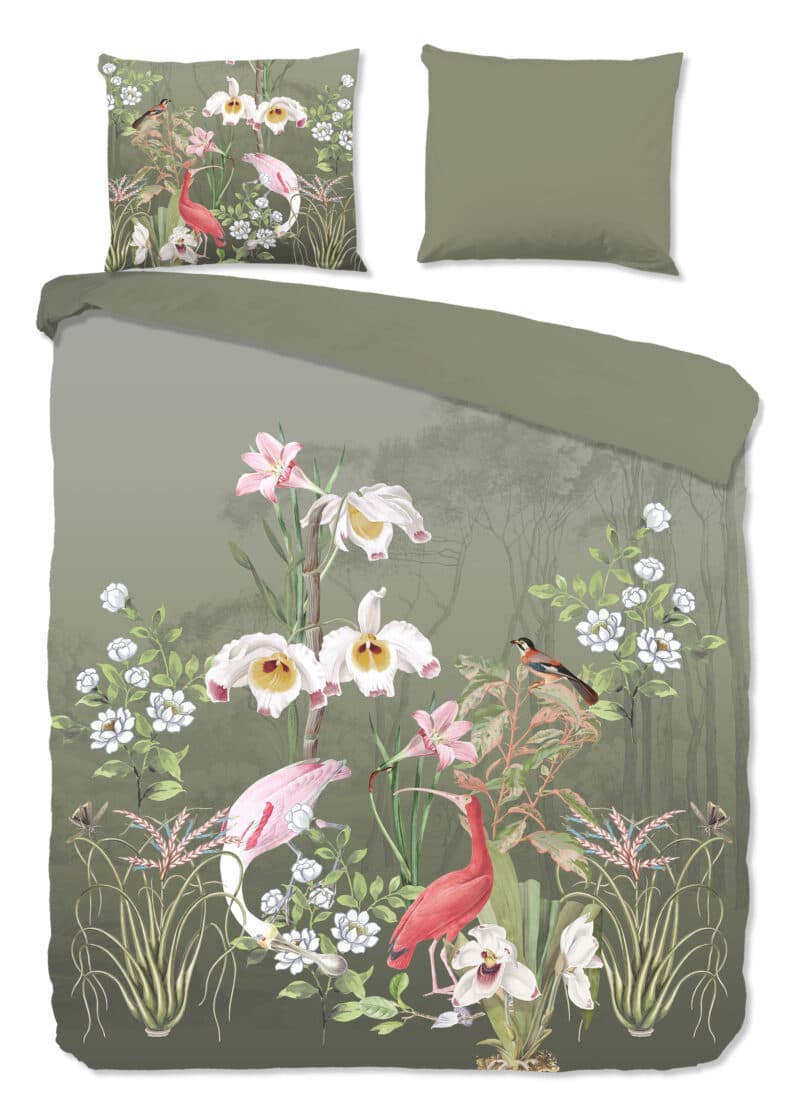Good Morning Dekbedovertrek "bloemen en vogels" - Groen - (200x200/220 cm) - Katoen
