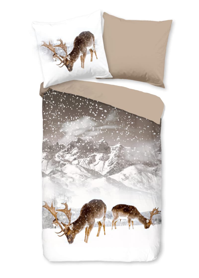 Good Morning Dekbedovertrek "herten in winterlandschap" - Zand - (200x200 cm) - Katoen Flanel