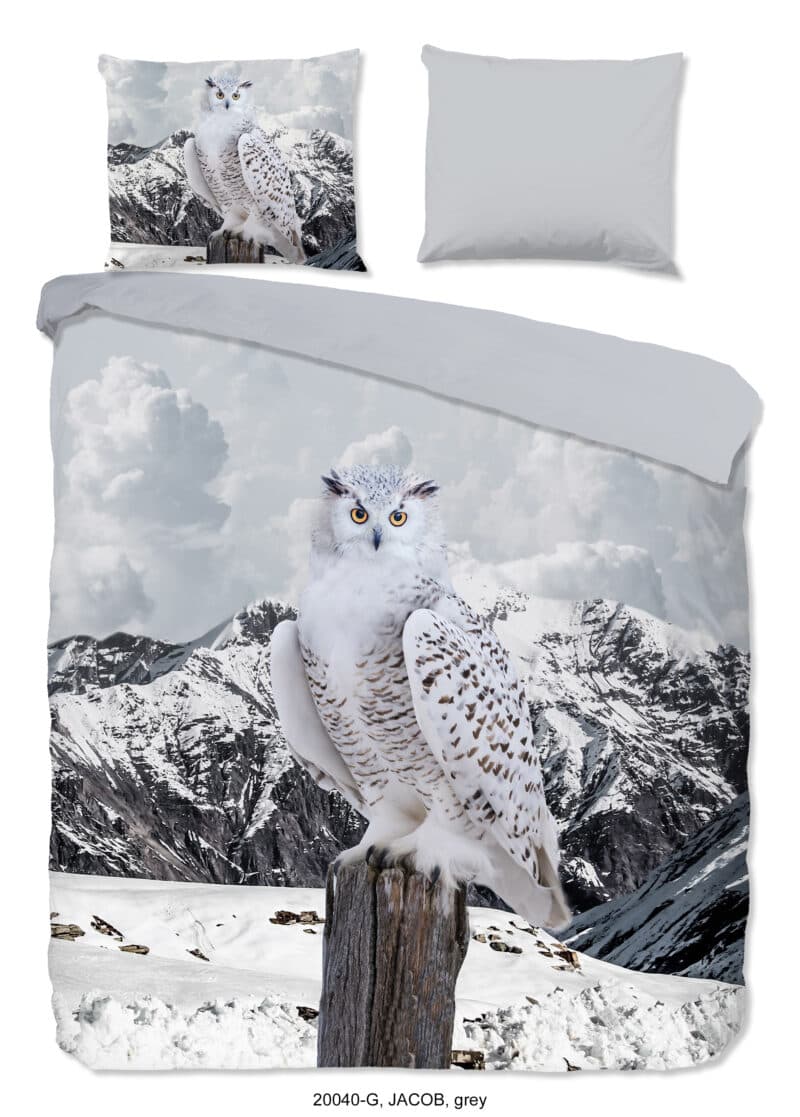 Good Morning Dekbedovertrek "sneeuwuil in de sneeuw" - Grijs - (200x200/220 cm) - Katoen