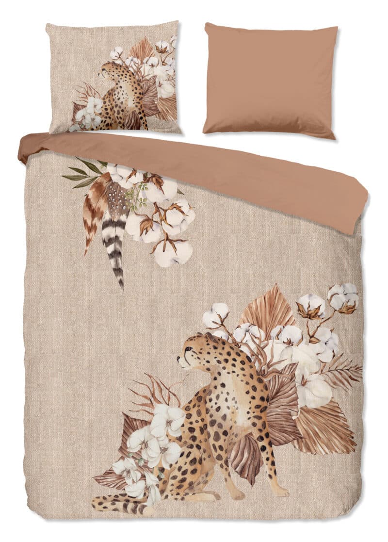 Good Morning Dekbedovertrek "tijger en bloemen" - Zand - (200x200/220 cm) - Katoen Flanel