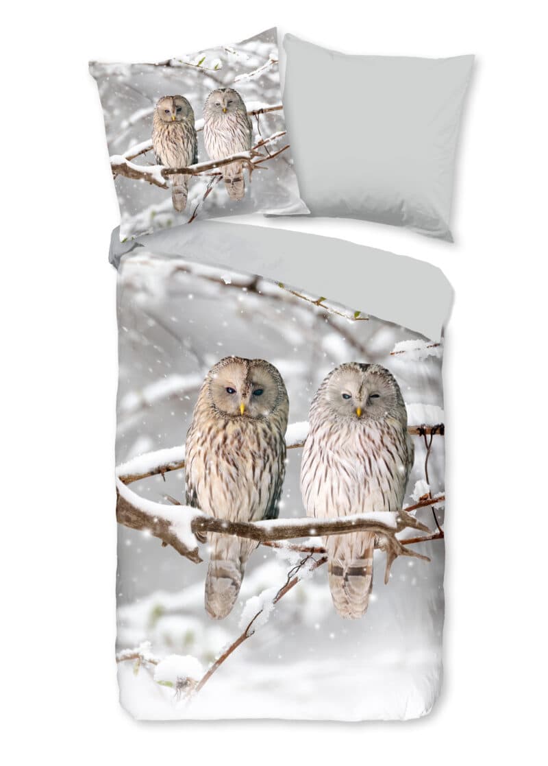 Good Morning Dekbedovertrek "uilen in winterlandschap" - Grijs - (200x200 cm) - Katoen Flanel