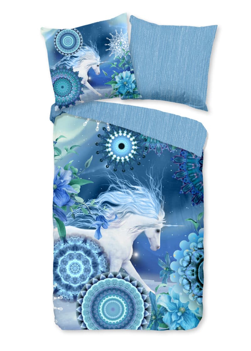 HIP Dekbedovertrek "mandala's en eenhoorn" - Blauw - (200x200 cm) - Katoen Flanel