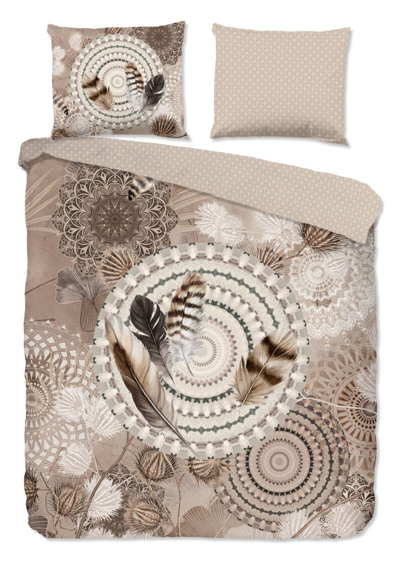 HIP Dekbedovertrek "mandala's en veren" - Taupe - (240x200/220 cm) - Katoen Flanel
