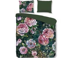 Luxe Katoenen Dekbedovertrek 240x220 cm - Bloemenprint - Groen/Roze - 2 Persoons - 100% Zacht Katoen