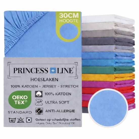 Princess Line- Comfortabel Ultra-Soft-Hoeslaken -100% katoen-Jersey -Stretch -Strijkvrij- Rondom elastiek-Hoekhoogte tot 30cm-Twijfelaar-120x200 cm-Licht Blauw