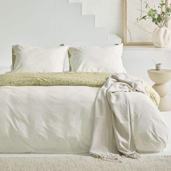 Walra Dekbedovertrek Blooming Grace - 200x220 - 70% gerecycled Katoen (GRS) / 30% Katoen (BCI) - Groen / Wit