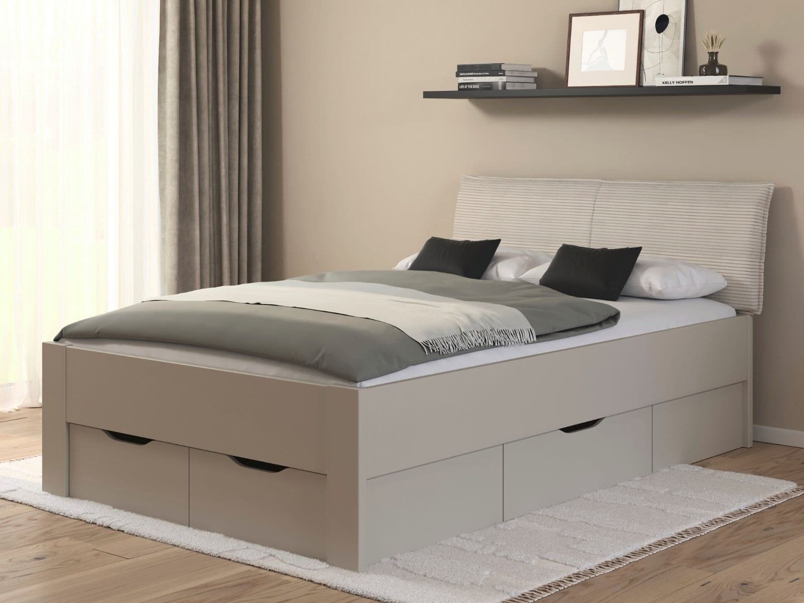 Bed LANDER 140x190 cm kasjmier/ivoorkleurig fluweel met lades