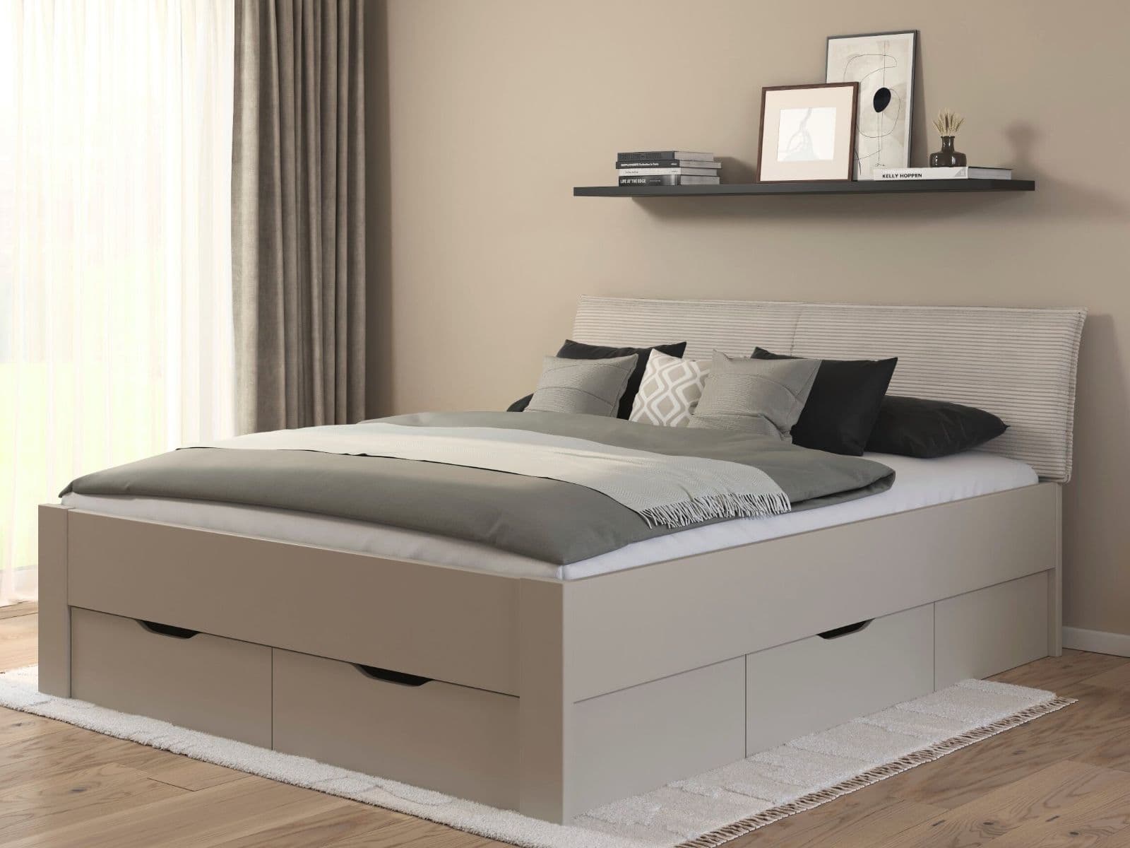 Bed LANDER 180x200 cm kasjmier/ivoorkleurig fluweel met lades