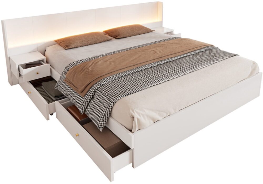 Gotagee Tweepersoonsbed opbergbed multifunctioneel bed bed zonder hoofdboard slaapkamerbed logeerbed met lades en LED-verlichting Het hoofdeinde heeft twee kleine kastjes Bed met opbergruimte Bed zonder matras 180x200cm