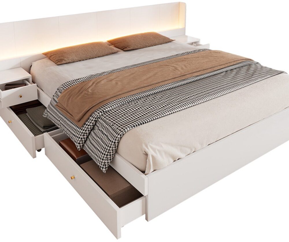 Gotagee Tweepersoonsbed opbergbed multifunctioneel bed bed zonder hoofdboard slaapkamerbed logeerbed met lades en LED-verlichting Het hoofdeinde heeft twee kleine kastjes Bed met opbergruimte Bed zonder matras 180x200cm