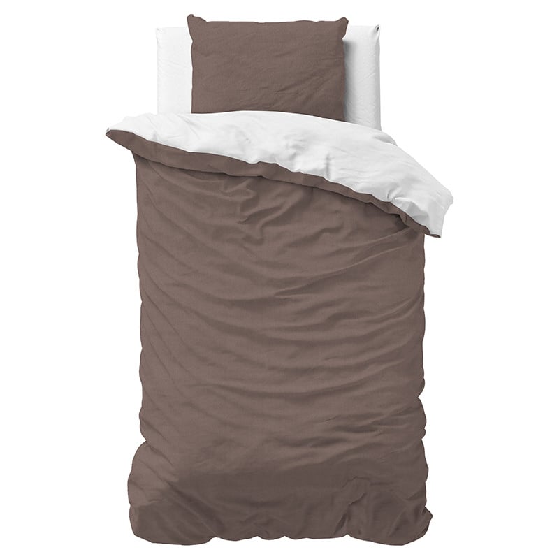 Flanellen Dekbedovertrek Dubbel Face - Eenpersoons (140x220 cm) - Wit & Taupe - Dessin: Effen - Sleeptime Elegance - Dekbed-Discounter.nl