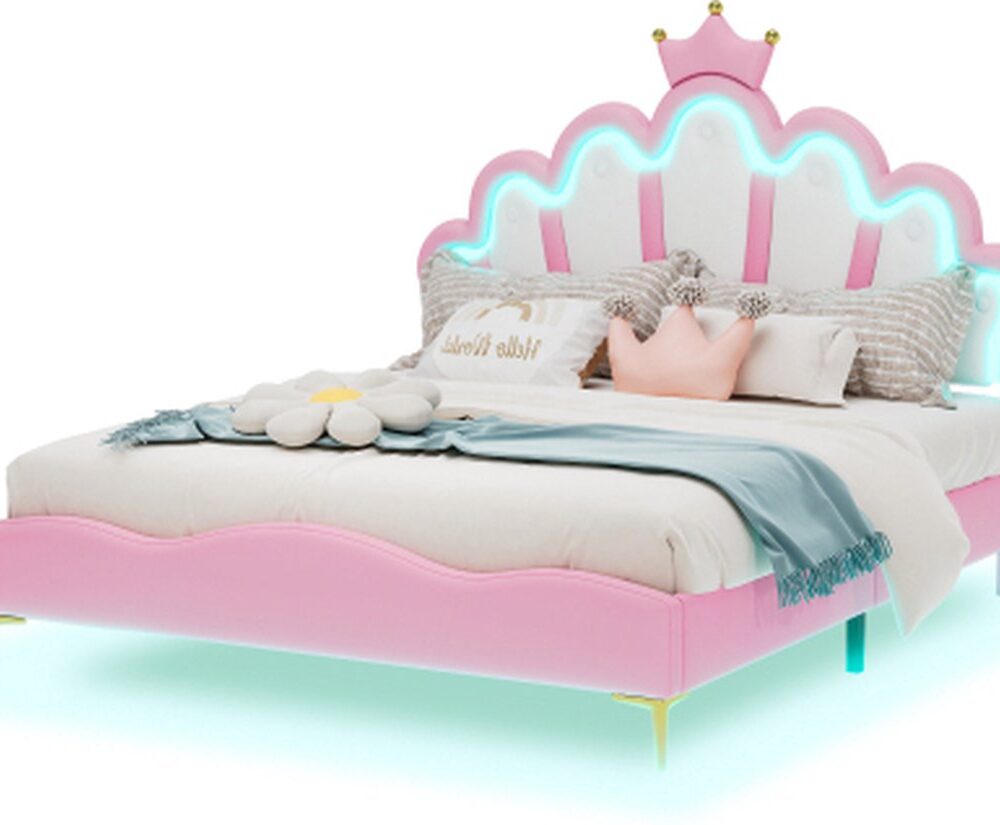 Gotagee Gestoffeerd bed 140x200cm Plat bed (Zonder matras) Met LED Roze PU Tweepersoonsbed