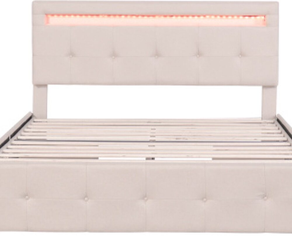 Gotagee Tweepersoonsbed 140x200cm Gestoffeerd bed (zonder matras) Jeugdbed met LED Linnen Beige