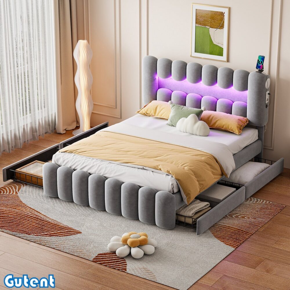 Gutent Tweepersoonsbed - 160 x 200 cm - Geen matras - 4 laden - LED-strip - Stereo-installatie - Fluweel - Grijs