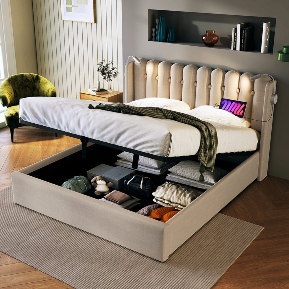 KOMHTOM Bed Tweepersoonsbed 140x200 cm Chest bed Leesbed met laadfunctie Hoofdbord Opbergruimte Naturel