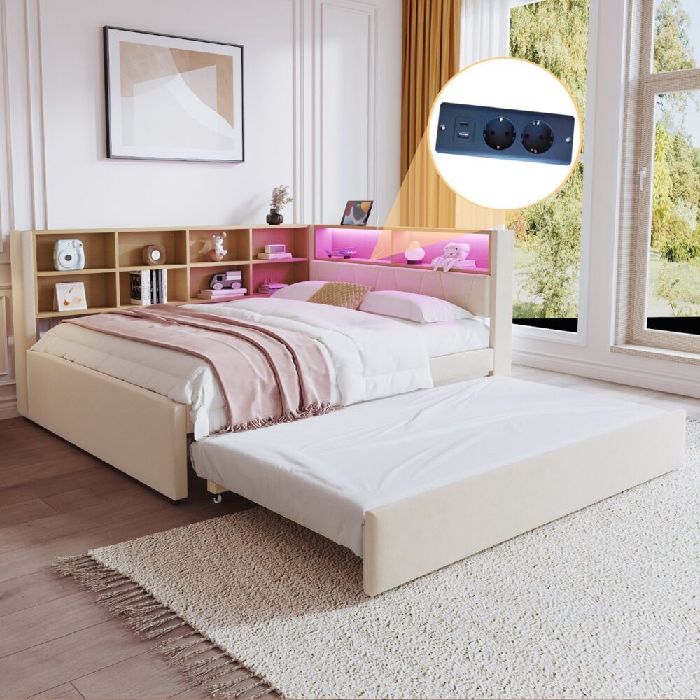 Sweiko Slaapbank - 140*200cm - met Uittrekbaar bed - LED verlichting + oplaadpoort + opbergvak - Flanel - Beige