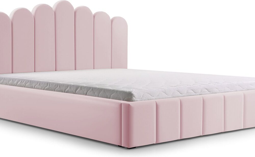 Tweepersoonsbed met fluwelen bekleding, met hoofdeinde, lattenbodem, bed voor volwassenen - BED 03 - 140x200 - Lichtroze (TRINITY 19)