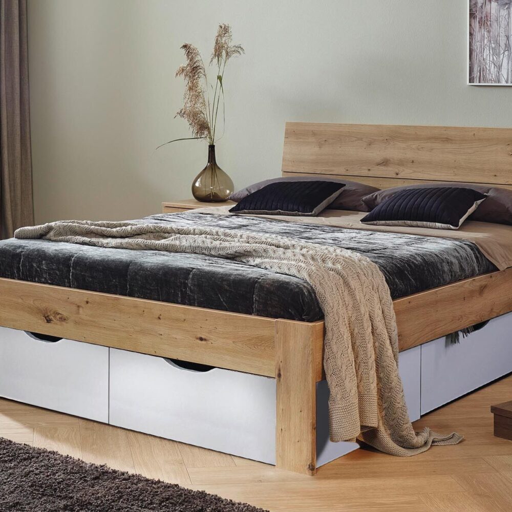 Bed FLASH 160x200 cm wit/artisan eik met lades