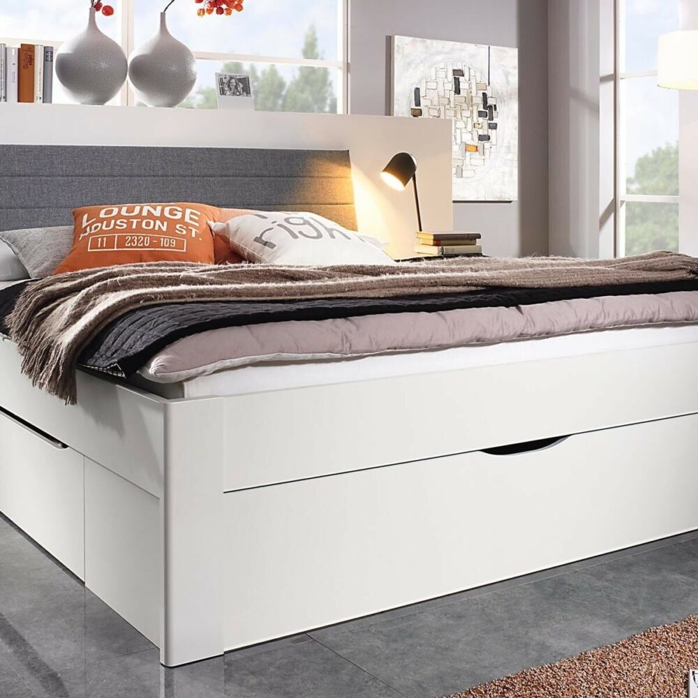 Bed SCARLETT 180x200 cm wit met drie lades met hoofdeinde met stof